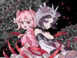  2girls :d akemi_homura artist_name black_eyes black_hair black_lips blurry blurry_background breasts cerebella_(skullgirls) cerebella_(skullgirls)_(cosplay) cleavage closed_mouth commentary cosplay eyelashes eyeshadow filia_(skullgirls) filia_(skullgirls)_(cosplay) highres kaname_madoka large_breasts mahou_shoujo_madoka_magica mahou_shoujo_madoka_magica_(anime) makeup multiple_girls nail_polish necktie pink_hair pink_shirt purple_eyeshadow purple_nails red_eyes shirt skullgirls smile soylakagura sparkle teeth twitter_username upper_teeth_only watermark yellow_necktie 