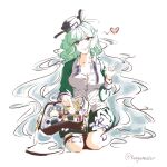  1girl alternate_costume bag black_hat breasts character_doll cleavage collared_shirt commentary doll fumo_(doll) ghost_tail green_eyes green_hair green_jacket green_skirt hat heart highres jacket kaogumaster large_breasts long_hair long_sleeves looking_at_viewer mononobe_no_futo ofuda ofuda_on_clothes open_clothes open_jacket school_uniform seiza shirt sitting skirt soga_no_tojiko solo touhou toyosatomimi_no_miko white_shirt 