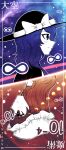  2girls black_capelet blue_eyes blush capelet closed_mouth collared_dress comet constellation contrast_collar crescent cyanaqua dress english_commentary english_text hat highres infinity_symbol long_hair magical_astronomy maribel_hearn mob_cap multiple_girls necktie red_eyes shirt smile space star_(symbol) touhou translated usami_renko white_hat white_shirt 