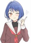  1girl ;) black_shirt blue_hair blush brown_dress closed_mouth commentary dress hasu_no_sora_school_uniform heart highres index_finger_raised iroha_(nami3) link!_like!_love_live! long_sleeves love_live! neckerchief one_eye_closed orange_eyes red_neckerchief reizawa_aoi sailor_collar sailor_dress school_uniform shirt short_hair slit_pupils smile solo turtleneck turtleneck_shirt undershirt upper_body white_sailor_collar winter_uniform 