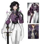  1girl black_gloves black_hair cosplay gloves highres holding holding_sword holding_weapon isolde_(reverse:1999) jacket jacket_on_shoulders kakania_(reverse:1999) kakania_(reverse:1999)_(cosplay) kakania_(seminars_on_serenity)_(reverse:1999) looking_at_viewer noriiikonbu official_alternate_costume purple_eyes real_life reverse:1999 screenshot_inset smile sword weapon 