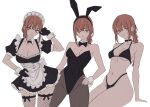  1girl animal_ears apron arm_support bare_shoulders bikini black_bikini black_bow black_bowtie black_dress black_gloves black_leotard bow bow_legwear bowtie braid braided_ponytail breasts chainsaw_man cleavage closed_mouth collarbone commentary covered_navel detached_collar dress fake_animal_ears fishnet_thighhighs fishnets frilled_apron frills gloves hair_ornament hand_on_own_hip hand_up head_tilt highres leotard long_hair looking_at_viewer maid maid_apron maid_headdress makima_(chainsaw_man) medium_breasts navel pantyhose pcharlesart playboy_bunny puffy_short_sleeves puffy_sleeves rabbit_ears red_hair ringed_eyes short_sleeves simple_background sitting smile solo stomach strapless strapless_leotard swimsuit thighhighs thighs waist_apron white_apron white_background white_wrist_cuffs wrist_cuffs yellow_eyes 