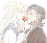  2boys blonde_hair blue_eyes brown_eyes brown_hair cookie_run cookie_run:_kingdom dark-skinned_male dark_skin espresso_cookie flower formal_clothes gloves happy_nru implied_yaoi long_sleeves looking_at_another madeleine_cookie male_focus multicolored_hair multiple_boys necktie red_flower red_rose rose short_hair simple_background sketch suit two-tone_hair wavy_hair white_background white_gloves white_hair yellow_eyes 