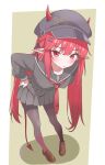  1girl absurdres alternate_costume arknights black_headband black_pantyhose black_sailor_collar black_shirt black_skirt blush brown_shoes commentary_request demon_tail eggplant7217 full_body green_background hand_on_own_hip headband highres horns horns_through_headwear leaning_forward long_hair long_sleeves looking_at_viewer multicolored_pantyhose neckerchief pantyhose parted_lips pointy_ears red_eyes red_hair red_horns red_neckerchief red_pantyhose sailor_collar shirt shoes simple_background skirt solo tail two-tone_pantyhose vigna_(arknights) white_background 
