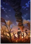  2boys 2girls black_hair bob_cut brown_hair burning buttons cloud fire full_body gakuran glowing hetero highres key_visual kobato_jougorou long_sleeves multiple_boys multiple_girls nakamaru_tokiko neckerchief official_art osanai_yuki outdoors plant promotional_art red_neckerchief sailor_collar school_uniform serafuku shoushimin_series sky smoke standing star_(sky) sunset urino_takahiko wheat_field wide_shot 