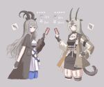  2girls akkord_(arknights) animal_ears antelope_horns arknights black_coat black_dress black_hair blue_eyes blue_pantyhose blush bracelet breasts brown_jacket cleavage coat commentary_request cropped_legs double-parted_bangs dress fingerless_gloves framed_breasts from_side gacha_(game_mechanic) garter_straps gazelle_ears gazelle_girl gazelle_horns gazelle_tail gloves grey_background grey_eyes grey_garter_straps grey_gloves grey_hair hadiya_(arknights) hand_on_own_hip highres holding holding_ticket infection_monitor_(arknights) jacket jewelry long_hair long_sleeves looking_at_viewer multicolored_hair multiple_girls open_clothes open_coat open_jacket pantyhose short_dress simple_background small_breasts smile thigh_strap ticket white_dress yuudome_(user_dxzf5273) 