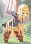  1girl absurdres bdsm black_jacket black_pantyhose blonde_hair blush bondage bound bow breasts cailin020 cleave_gag cloth_gag commentary_request gag gagged highres improvised_gag jacket long_hair long_sleeves looking_at_viewer medium_breasts miniskirt orange_eyes otonari_no_tenshi-sama_ni_itsu_no_mani_ka_dame_ningen_ni_sarete_ita_ken outdoors pantyhose red_bow red_rope restrained rope shibari shiina_mahiru_(otonari_no_tenshi-sama) skirt solo spread_legs very_long_hair 