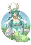  1girl animal_ears antlers breasts cleavage closed_mouth commentary deer_ears detached_sleeves dress elbow_gloves gloves green_dress green_sleeves haruka_karibu haruka_karibu_(1st_costume) highres horns large_breasts looking_at_viewer reindeer_antlers reindeer_girl smile solo velvetsage028 virtual_youtuber vshojo white_gloves 