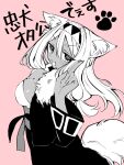  1girl animal_ears breasts character_name cho_kaguya-hime! chuken_otako cleavage commentary_request dark-skinned_female dark_skin dog_ears dog_tail greyscale_with_colored_background hairband highres ijio large_breasts long_hair long_sleeves looking_at_viewer open_mouth paw_print pink_background solo tail three-finger_salute translated v-shaped_eyebrows 