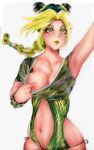  areolae arm_up armpits assisted_exposure blonde_hair braid breasts cleavage collarbone double_bun green_eyes green_lips green_shirt highres iraru05 jojo_no_kimyou_na_bouken jojolion kujo_jolyne medium_breasts multicolored_hair nipples shirt shirt_grab stone_ocean 