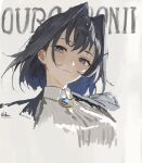  1girl arkhein black_hair blue_eyes blue_gem blue_hair breasts character_name dress gem gradient_hair hair_intakes highres hololive hololive_english looking_at_viewer medium_breasts multicolored_hair ouro_kronii solo virtual_youtuber white_dress 