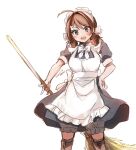  1girl ahoge alternate_costume apron artist_name black_dress blush boots braid broom brown_footwear brown_hair chougei_(kancolle) dated dress enmaided eyebrows_visible_through_hair grey_eyes hair_rings highres holding holding_broom kantai_collection kirisawa_juuzou long_hair maid maid_apron maid_headdress open_mouth puffy_short_sleeves puffy_sleeves short_sleeves simple_background smile solo twin_braids white_apron white_background 