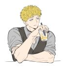  1boy black_vest blonde_hair crossed_arms cup grey_eyes grey_shirt half-closed_eyes highres holding holding_cup ice ice_cube kimi_ga_shine light_smile looking_to_the_side male_focus mlgdhh muscular muscular_male sanpaku shinogi_keiji shirt simple_background sketch sleeves_rolled_up solo spiked_hair uneven_eyes upper_body veins veiny_arms vest white_background 