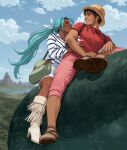  1boy 1girl adelheid_(moschiola) aqua_hair artist_name bag blue_sky boots cloud commentary dark-skinned_female dark_skin dinosaur english_commentary handbag high_heel_boots high_heels highres leg_hair long_hair monkey_d._luffy nefertari_vivi one_piece one_piece_(live_action) pants pants_rolled_up pink_pants ponytail red_shirt riding riding_animal shirt short_shorts shorts signature sky smile striped_clothes striped_shirt toned toned_male white_shorts 