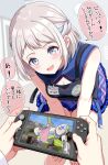 1boy 1girl absurdres bare_legs blue_dress blue_eyes blue_ribbon blush braid breasts cleavage cleavage_cutout clothing_cutout commentary_request crouching_start denim denim_apron dress employee_uniform gakuen_idolmaster grey_hair hair_ribbon half_up_braid handheld_game_console highres holding holding_handheld_game_console idolmaster katsuragi_lilja leaning_forward name_tag playing_games pov pov_hands ribbon ribbon_braid short_hair sleeveless sleeveless_dress smile speech_bubble translation_request 