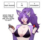 2026 accessory anthro bra breasts choker claws cleavage clothed clothing cracker deer dialogue english_text eyelashes female finger_claws flower flower_in_hair food fruit fur hair hair_accessory half-length_portrait heart_(marking) heart_symbol heather_(zevulpes) hi_res holding_food holding_object jewelry lipstick looking_at_viewer makeup mammal markings mascara necklace open_mouth plant ponytail portrait purple_body purple_eyes purple_fur purple_hair simple_background solo strawberry talking_to_viewer text underwear white_background zevulpes