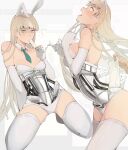  1girl 1other absurdres android animal_ears bare_shoulders blonde_hair blue_eyes bra breasts commentary_request eating ecomoesty ei_chan_(endless_overhaul) elbow_gloves endless_overhaul exposed_internal_machinery food gloves green_necktie highres holding holding_food holding_ice_cream ice_cream long_hair looking_at_viewer mechabare medium_breasts multicolored_eyes multiple_views necktie open_mouth panties rabbit_ears thighhighs underwear white_bra white_gloves white_panties white_thighhighs yellow_eyes 