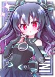  1girl absurdres aijiro83 bare_shoulders black_dress black_gloves black_hair character_name choujigen_game_neptune_mk2 commentary_request dress elbow_gloves fingerless_gloves gloves hair_ornament hair_ribbon highres long_hair looking_at_viewer neptune_(series) red_eyes ribbon short_dress sidelocks solo sparkle striped_ribbon 