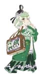  1girl adapted_costume chinese_commentary commentary_request contemporary cross-laced_clothes dress fumo_(doll) green_dress green_eyes kaogumaster long_sleeves looking_at_viewer ofuda ofuda_on_clothes simple_background soga_no_tojiko solo touhou white_background 