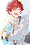  1boy amagi_hiiro bow bowtie buttons closed_eyes ensemble_stars! headset highres holding holding_microphone kawajima_nemu long_sleeves male_focus microphone official_alternate_hairstyle open_mouth red_hair short_hair smile solo sparkle star_(symbol) sweat teeth upper_body upper_teeth_only wingtip_collar 