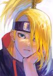 1boy akatsuki_uniform asymmetrical_bangs blonde_hair blue_eyes commentary_request deidara_(naruto) eyeliner forehead_protector gggdqp3mq hand_on_own_cheek hand_on_own_face high_ponytail highres long_hair looking_at_viewer makeup male_focus naruto_(series) naruto_shippuuden ponytail robe simple_background solo white_background 