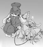 absurd_res anal_hook ball_gag bdsm bodily_fluids bondage bound bow_tie cloth clothing cuff_(restraint) domestic_cat dominant dominant_male duo felid feline felis female gag gagged hair handcuffs hands_behind_back hi_res lagomorph leash leporid lying male mammal metal_cuffs monochrome nude petplay pillow rabbit restraints roleplay saliva simple_background size_difference ventoza white_body