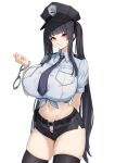  1girl absurdres alternate_hairstyle amaterasu_(himegami_emaki) arm_behind_back belt belt_pouch black_belt black_hair black_hat black_necktie black_ribbon black_shorts black_thighhighs blue_shirt blunt_bangs bra_visible_through_clothes breast_pocket breasts closed_mouth collared_shirt commentary cowboy_shot cuffs defaultkavy hair_ribbon handcuffs hat highres himegami_emaki huge_breasts licking_lips long_hair long_sidelocks looking_at_viewer midriff navel necktie peaked_cap pocket police police_uniform policewoman pouch red_eyes ribbon shirt short_sleeves shorts shoulder_boards sidelocks simple_background smile solo standing thighhighs tied_shirt tongue tongue_out twintails very_long_hair white_background wing_collar 