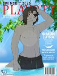  anthro black_hair brown_eyes clothing cover english_text fur genitals grey_body grey_fur hair hi_res magazine_cover male mammal mustelid otter scar shaun_lutra_(voxxen) smile solo swimwear text voxxen wet wet_body 