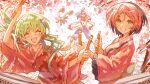  1boy 2girls black_hair cherry_blossoms colored_bangs commentary contest_winner english_commentary flower frilled_kimono frills green_eyes green_hair grin haelith-gemma hair_ornament highres holding japanese_clothes kimono long_hair low_twintails mani_(osu!) mocha_(osu!) multicolored_hair multiple_girls osu! outdoors pink_flower pink_hair pink_kimono pippi_(osu!) red_kimono second-party_source smile star_(symbol) star_hair_ornament taiko_sticks taikonator_(osu!) twintails two-tone_hair 