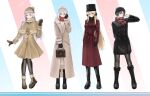  4girls alternate_costume azur_lane bag beanie bismarck_(azur_lane) black_boots black_coat black_gloves black_hair black_hat black_mittens black_pantyhose black_skirt black_sweater blonde_hair blue_background blue_eyes blunt_bangs boots brown_bag brown_boots brown_capelet brown_coat brown_dress brown_hat brown_mittens brown_sweater buttons capelet coat coat_dress colorful_background commentary double-breasted dress english_commentary full_body fur-trimmed_boots fur-trimmed_capelet fur-trimmed_coat fur-trimmed_headwear fur-trimmed_sleeves fur_collar fur_trim gloves hair_between_eyes hand_up handbag hat high_heel_boots high_heels highres knee_boots knees_together_feet_apart lace-up_boots long_coat long_hair long_sleeves looking_at_viewer mittens multiple_girls pantyhose parted_lips pigeon-toed plaid_clothes plaid_scarf platform_boots pleated_skirt plymouth_(azur_lane) pom_pom_(clothes) pom_pom_beanie print_bag purple_eyes purple_hair red_background red_coat red_scarf ribbed_sweater scarf short_hair skirt striped_background sweater sweater_dress tirpitz_(azur_lane) turtleneck turtleneck_sweater ulrich_von_hutten_(azur_lane) white_background white_hair winter_clothes xuwasoo yellow_eyes 