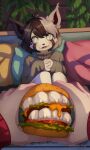 absurd_res ailurid ambiguous_anthro ambiguous_gender anthro artist_name black_body black_fur black_hair blue_eyes blush burger cheese cute_fangs dairy_products detailed_background digital_drawing_(artwork) digital_media_(artwork) disembodied_hand duo ear_tuft fangs feet food food_on_feet foot_fetish fur grey_hair hair hi_res holding_food holding_object huge_filesize mammal open_mouth open_smile pillow plant red_panda smile solo_focus teeth text tuft unluckymireille white_body white_fur