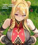  1girl :/ absurdres anger_vein arm_strap bare_shoulders belt black_gloves black_shirt blonde_hair blurry blurry_background braid breasts brown_belt brown_gloves commentary double_bun elbow_gloves english_commentary english_text gloves gold_trim gurumie hair_bun highres hololive hololive_indonesia kaela_kovalskia kaela_kovalskia_(5th_costume) large_breasts light_blush long_hair looking_at_viewer multicolored_gloves official_alternate_costume official_alternate_hairstyle parted_lips plastron_(necklace) red_eyes ribbed_shirt shirt side_braid single_braid sleeveless sleeveless_shirt solo two-sided_gloves two-tone_gloves upper_body virtual_youtuber 