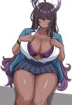  1girl absurdres ahoge blue_archive blue_cardigan blue_skirt blush bra breasts brown_hair cardigan cleavage collarbone commentary_request crossed_bangs dark-skinned_female dark_skin gradient_hair hair_between_eyes halo highres huge_breasts jacket karin_(blue_archive) karin_(school_uniform)_(blue_archive) latte_(a_nextsystem) multicolored_hair open_clothes open_jacket open_shirt panties pantyshot partially_unbuttoned pleated_skirt purple_bra purple_hair purple_halo purple_panties shirt sitting skirt solo thighs underwear white_shirt wristband yellow_eyes 