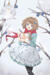  1girl absurdres antlers bare_tree black_pantyhose blue_eyes blush box brown_hair christmas_ornaments dress frilled_dress frills full_body gift gift_box hair_ornament highres horns indie_utaite indie_virtual_youtuber junky_(nono_kanata) kano_(utaite) open_mouth pantyhose red_scarf scarf shirt short_hair smile snow solo tree utaite white_dress 