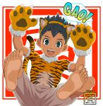  1boy 2022 animal_ears animal_hands animal_print barefoot black_hair chinese_zodiac fake_animal_ears fangs feet from_below fur_trim gao gloves green_eyes inazuma_eleven inazuma_eleven_(series) looking_at_viewer male_focus new_year paw_gloves smile solo spiked_hair tiger_ears tiger_print utsunomiya_toramaru yamamiya_hiroshi year_of_the_tiger 