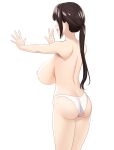  1girl :d absurdres ass breasts brown_hair commentary_request from_behind highres large_breasts long_hair marui_koishi nipples open_mouth original outstretched_arms panties ponytail revision sideboob simple_background smile solo topless underwear white_background white_panties 