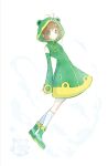  1girl animal_costume animal_hood antenna_hair bare_shoulders boots brown_hair cardcaptor_sakura closed_mouth commentary_request detached_sleeves dot_nose dress fingernails frog_costume frog_hood full_body green_boots green_eyes green_sleeves gren_maju_da_eiza happy highres hood hood_up hooded_dress kinomoto_sakura kinomoto_sakura_(frog) kneehighs light_blush long_sleeves looking_at_viewer miqing pocket short_dress short_hair_with_long_locks sidelocks sleeveless sleeveless_dress sleeves_past_wrists smile socks solo standing tareme water white_background white_socks 