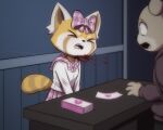 4_fingers absurd_res aggretsuko ailurid anthro bear blood blood_splatter bodily_fluids bottomwear bow_ribbon breasts clothing constricted_pupils cute_fangs death duo dying e254e fangs fatal female female_death fingers furniture gore gunshot_wound hi_res killing male mammal markings neck_wound pain perforating_wound pupils red_panda retsuko ring_(marking) ringed_tail sanrio shocked shooting skirt small_breasts small_pupils striped_markings striped_tail stripes table tail tail_markings teeth wince