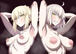  2girls ahoge arm_behind_head armpits arms_up artoria_pendragon_(fate) black_background blonde_hair blush braid breasts closed_mouth collarbone commentary_request fate/grand_order fate_(series) grey_hair hair_between_eyes hair_bun highres inverted_nipples jeanne_d'arc_alter_(fate) large_areolae linea_alba medium_breasts multiple_girls nipples nude parted_lips presenting_armpit puffy_nipples saber_(fate) scowl short_hair sidelocks single_hair_bun steaming_body takaiwaeitoku teeth upper_body yellow_eyes 