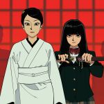  2girls :| age_difference belt black_eyes black_hair black_jacket blazer blunt_bangs bow bowtie brown_flower brown_skirt charm_(object) closed_mouth collared_shirt commentary cowboy_shot dress_shirt expressionless eyelashes flat_color flower freckles hair_flower hair_ornament hair_over_shoulder hair_up height_difference highres holding holding_sword holding_weapon ishii_o-ren jacket jadoochicken japanese_clothes kill_bill kimono korean_commentary light_smile lips long_hair long_sleeves looking_at_viewer multiple_girls nail_polish obijime pleated_skirt red_background red_bow red_bowtie sash school_uniform sheath shirt short_sword shouji side-by-side skirt sliding_doors smile smirk smug sparkle swept_bangs sword tantou unsheathing weapon white_belt white_kimono white_nails white_sash white_shirt yuubari_gogo 