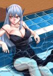  1girl black_dress breasts cleavage commentary dress english_commentary exit_(brush_whip) highres large_breasts legs long_hair mato_seihei_no_slave pool red_eyes solo uzen_kyouka water 