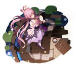  1girl absurdres armpit_crease bare_shoulders board_game chinese_commentary collar commentary_request dress flower from_above fu_xuan_(honkai:_star_rail) full_body go_(board_game) hair_ornament hand_fan high_heels highres holding holding_fan honkai:_star_rail honkai_(series) lily_pad long_hair low_twintails ningmeng_zizi pantyhose parted_bangs pink_dress pink_hair railing scroll shoes smile solo standing tassel transparent_background tuanshan twintails water_lily_flower white_pantyhose wooden_railing 