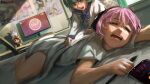  2girls 727_(meme) barefoot black_bow black_bowtie black_hair black_sailor_collar bow bowtie closed_eyes colored_bangs commentary contest_winner dutch_angle english_commentary full_body highres holding holding_stylus lying meme mocha_(osu!) monitor morning multiple_girls on_stomach one_room open_mouth osu! pink_hair pippi_(osu!) poster_(object) sailor_collar school_uniform second-party_source serafuku sey10 shirt short_sleeves stylus teeth waking_another white_shirt 