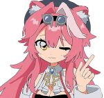  1girl animal_ear_fluff animal_ears breasts cleavage commentary_request hair_intakes highres hn_mru hololive hololive_english long_hair looking_at_viewer multicolored_hair one_eye_closed open_mouth panther_ears panther_girl pink_hair raora_panthera solo streaked_hair virtual_youtuber yellow_eyes 