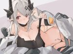  1girl arknights bandaged_arm bandages bare_shoulders blush breasts bright_pupils cleavage closed_mouth collar ear_piercing eyebrows_visible_through_hair grey_background hair_ornament highres horns large_breasts looking_at_viewer lying mikojin mudrock_(arknights) navel on_side open_clothes oripathy_lesion_(arknights) piercing pointy_ears red_eyes solo sports_bra stomach sweat thigh_gap two-tone_background 