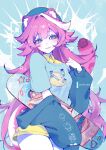  1girl animal_ears artist_name beret black_hat black_jacket blue_background blue_eyes blue_shirt blush breasts chattino_(raora_panthera) closed_mouth commentary fang food_print hair_intakes hat heart highres hololive hololive_english jacket long_hair long_sleeves looking_to_the_side multicolored_hair naiichie omori panther_ears panther_girl panther_tail pink_hair pink_lips pink_tail pizza_print print_shirt raora_panthera shirt short_sleeves shorts skateboard skin_fang solo streaked_hair tail thighs two-tone_hair virtual_youtuber white_hair yellow_shirt yellow_shorts 