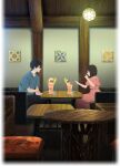  1boy 1girl black_hair black_pants blue_shirt bob_cut brown_hair chair chandelier cup dessert dress food from_side hetero highres holding holding_spoon indoors kabedon key_visual kobato_jougorou looking_at_another off-shoulder_dress off_shoulder official_art open_mouth osanai_yuki pants parfait promotional_art shirt short_sleeves shoushimin_series sitting spoon table wooden_floor wooden_table 