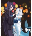  2girls :d ^_^ animal_on_head aoi_(aoisaka) bag bagged_fish black_gloves black_hair bloop_(gawr_gura) blue_hair blurry blush bokeh candy_apple closed_eyes commentary_request depth_of_field double_bun fish fish_tail food fur_collar gawr_gura gloves heart highres hololive hololive_english japanese_clothes kimono multicolored_hair multiple_girls ninomae_ina&#039;nis on_head open_mouth pointy_ears shark_tail sharp_teeth shrimp smile streaked_hair tail teeth two-tone_hair two_side_up virtual_youtuber white_hair wide_sleeves yukata 