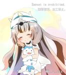  1girl 1other bandana bandana_around_neck black_hair blue_fur commentary_request fire_emblem fire_emblem_engage grey_hair h_u_sss hair_ornament hug long_hair multicolored_hair red_bandana sommie_(fire_emblem) two-tone_hair very_long_hair veyle_(fire_emblem) white_fur wing_hair_ornament 