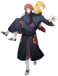  2boys :p akatsuki_uniform asymmetrical_bangs black_nails blonde_hair carrying closed_mouth deidara_(naruto) extra_mouth gggdqp3mq green_nails high_ponytail jewelry long_hair looking_at_another looking_at_viewer male_focus multiple_boys naruto_(series) naruto_shippuuden open_mouth pants ponytail princess_carry red_eyes red_hair ring robe sandals sasori_(naruto) smile tongue tongue_out 